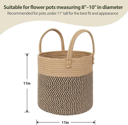 Round Wicker Basket with Handle, 11" Woven Jute Plant Basket for 10" Pot, Indoor Boho Tree Planter, Decorative Flower Pot Cover, Rustic Holder for Plants, Shoe Bin for Entryway, Black Stripes