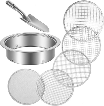 Soil Sieve Set Garden Soil Sifter Stainless Steel Mesh Sifter, 5 Sieve Set for Gardening with 8" Diameter 1/3/6/9/12mm Interchangeable Meshes, Includes Shovel for Potting, Planting