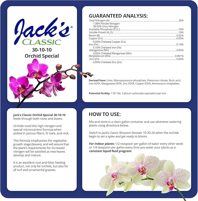Jack's Classic 30-10-10 Orchid Special Water-Soluble Fertilizer with Micronutrients and Extra Nitrogen, Used for Turfs and Ornamental Grasses, 8oz