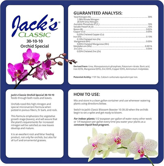 Jack's Classic 30-10-10 Orchid Special Water-Soluble Fertilizer with Micronutrients and Extra Nitrogen, Used for Turfs and Ornamental Grasses, 8oz