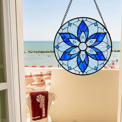 Stained Glass Window Hanging, Blue Tiffany Style Flowers Sun Catcher for Window Door Home Decor Suncatcher Christmas Mother's Day Birthday Gifts for Women Men Mom and Nana 11.8 in