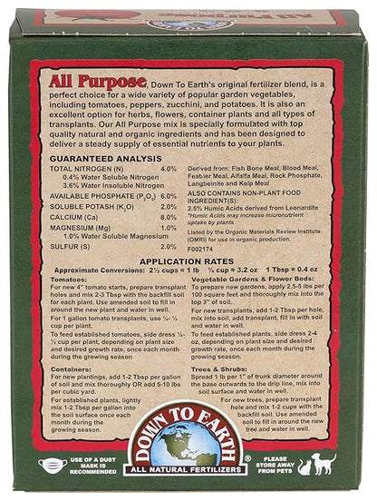 Down To Earth All Natural Fertilizers Organic All Purpose Tomato & Vegetable Mix - Plant Food for Tomatoes, Peppers, Herbs and Flowers 4-6-2, 1 lb