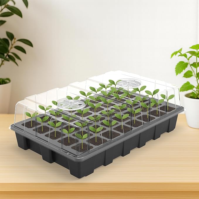 Gardzen 5-Set Seed Starter Tray Kits, Durable Plant Germination Trays with Humidity Vented Domes and Bases, Ideal for Seed Starting, Indoor Gardening, and Greenhouse (Total 200 Cells)