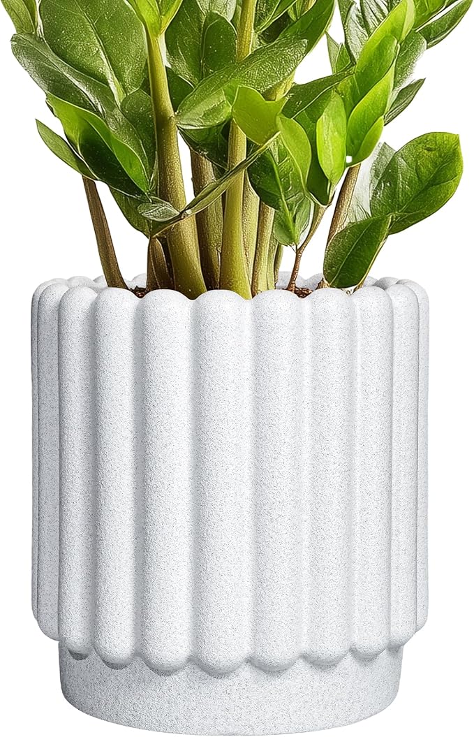 Ceramic Planters for Indoor Plants - 7.6 Inch Ceramic Plant Pots Outdoor, Round Flower Pots with Drainage Hole, Fluted Modern Planter, Room House Decor, Gifts for Plant Lovers, White