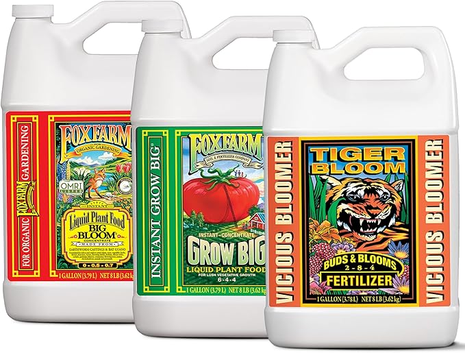 FoxFarm Soil Liquid Trio Pack - Big Bloom, Grow Big, Tiger Bloom Fertilizers for Vigorous Plant Growth, Bud Development & Abundant Fruit - Complete Liquid Plant Food Set - 3 Gallon Bottles