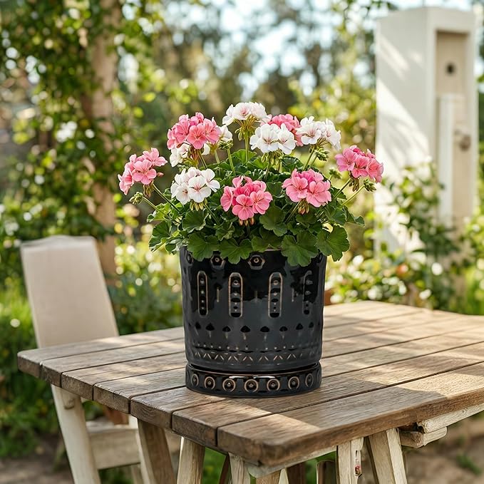 8 Inch Pots for Plants, Ceramic Plant Pot for Indoor Outdoor, Round Planter with Drainage Hole and Tray, Modern Flower Pot, Decorative Plant Pots, Room Decor, House Warming Gifts, Black