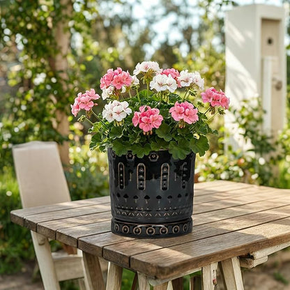 8 Inch Pots for Plants, Ceramic Plant Pot for Indoor Outdoor, Round Planter with Drainage Hole and Tray, Modern Flower Pot, Decorative Plant Pots, Room Decor, House Warming Gifts, Black
