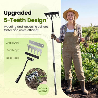 Iron Weeding Rake with Long Handle - Upgraded 5 Teeth Weed Puller Tool, Heavy Duty Manual Weeder Remover Tool for Weeding, Cultivating & Soil Aeration