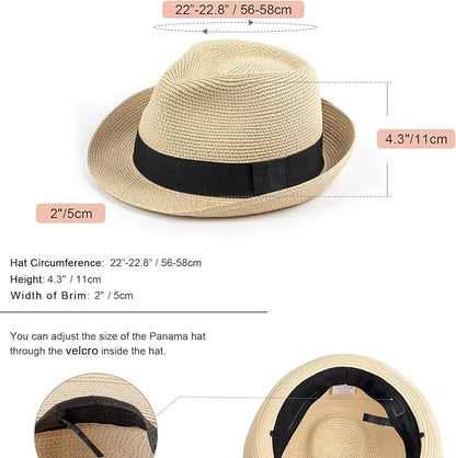 DRESHOW Women Straw Panama Hat Travel Fedora Beach Sun Hat Summer Wide Brim Straw Roll up Hat UPF 50+