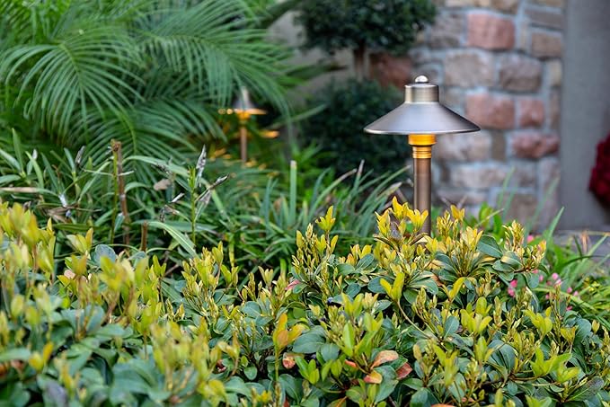 VOLT 15-Pack 12V Cast Brass Flat Hat Path Lights (7" Shade, 24" Tall) for Low Voltage Landscape Lighting on Outdoor Pathway, Walkway, Garden, Driveway or Patio