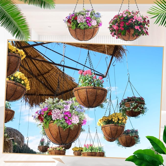 Dandat 12 Pack 10 Inch Metal Hanging Planter Basket with Coconut Coir Liner Metal Wire Plant Holder Chain Watering Outdoor Hanging Pots Flower Pot Hanger for Porch Indoor Outdoor Garden Decorations