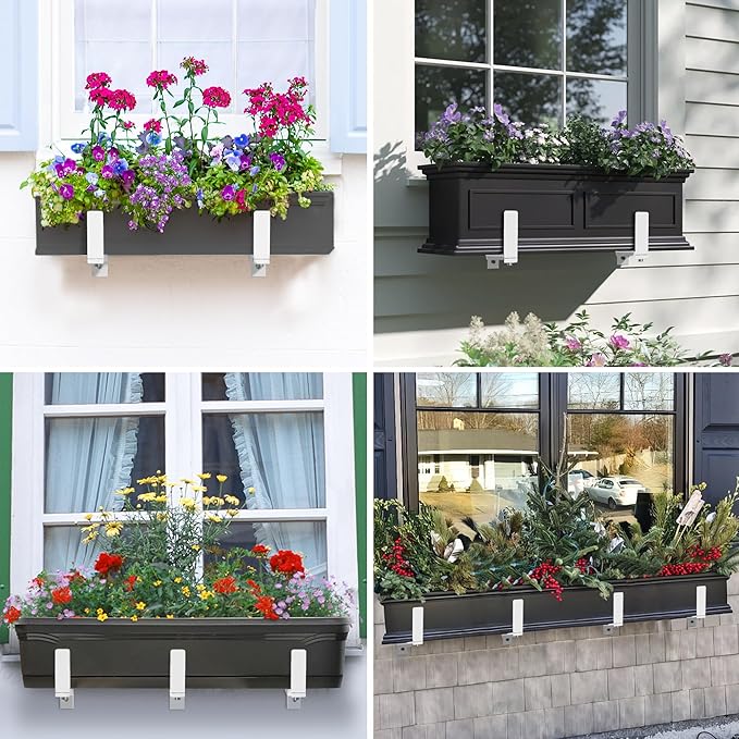Y&M 4 Pcs Deck Railing Adjustable Planter Box Brackets (6 to 12.5 in), Universal Heavy Duty Iron Flower Box Brackets Wall Mounting Hooks for Fences, Patio, and Garden - White (Patent Registered)