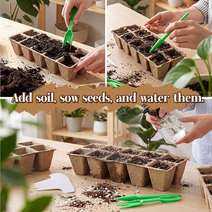 200 Cells Seed Starter Tray, 20 Pcs Biodegradable Plant Starter Peat Pots(Including T-Type Labels & Starter Tools)– Eco-Friendly Gardening Supplies, No Transplant Needed