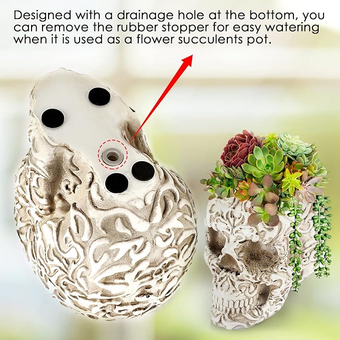 OwnMy Resin Skull Planter for Indoor Plants, White Skull Flower Succulent Pot with Drainage Holes, Halloween Skulls Head Planter Decorative Small Succulents Planters Pot for Tabletop