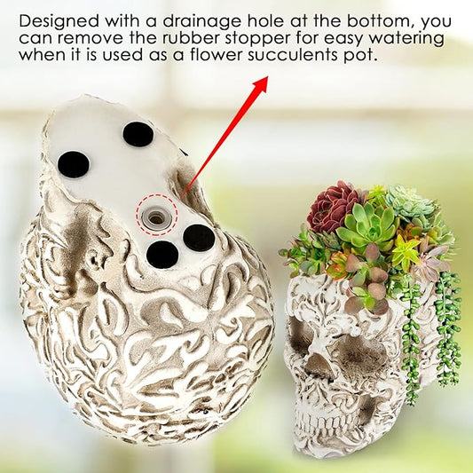 OwnMy Resin Skull Planter for Indoor Plants, White Skull Flower Succulent Pot with Drainage Holes, Halloween Skulls Head Planter Decorative Small Succulents Planters Pot for Tabletop