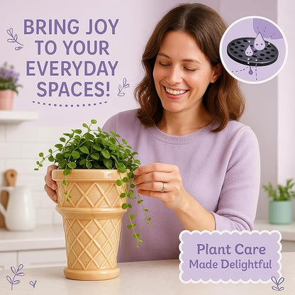 Fun&Unique Ice Cream Cone Flower Planter Charming 7inch tall x 3.5inchbottomwide x 5.3inchupperwide Ceramic Vase for Indoor & Outdoor Home Decor-Quirky Retro Garden Art for Plant Lovers