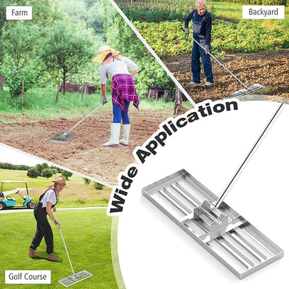 30" x 10" Lawn Leveling Rake, Heavy Duty Landscape Rake with 67" Handle, Non-Slip Grip & Flat Head, Space-Saving Lawn Level Tool for Garden, Backyard, Golf Course & Sports Field(Silver)