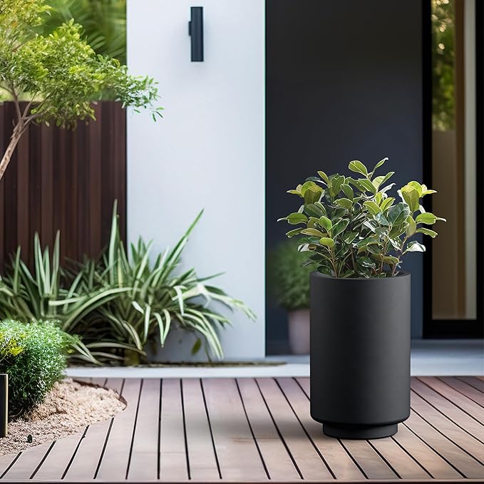 Kante 20.1 Inch Tall Concrete Planter, Round Pedestal Design Garden Pot for Indoor Outdoor Plants, Modern Garden Pot with Drainage Hole, Black Finish with Painted Interior