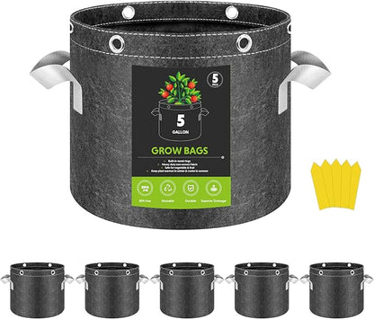 InfiniPower 5 Pack 5 Gallon Plant Grow Bags, 400G Thick Nonwoven Fabric Pots with Multi-Purpose Rings and Handles, Reusable for Low Stress Plant Training Fruits, Vegetables and Flowers