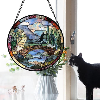 Stained Glass Window Hanging, Blue Landscape Arch Bridge Sun Catcher for Door Home Decor Suncatcher Christmas Mother's Day Birthday Gifts for Women Men Mom and Nana 15 in