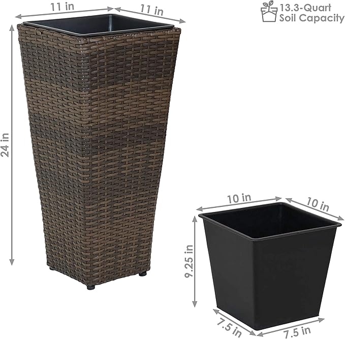 Sunnydaze Set of 2 Square Tall Wicker Planters - Polyrattan Rectangular Large Plastic planters for Outdoor Plants - 24-Inches Tall - Brown