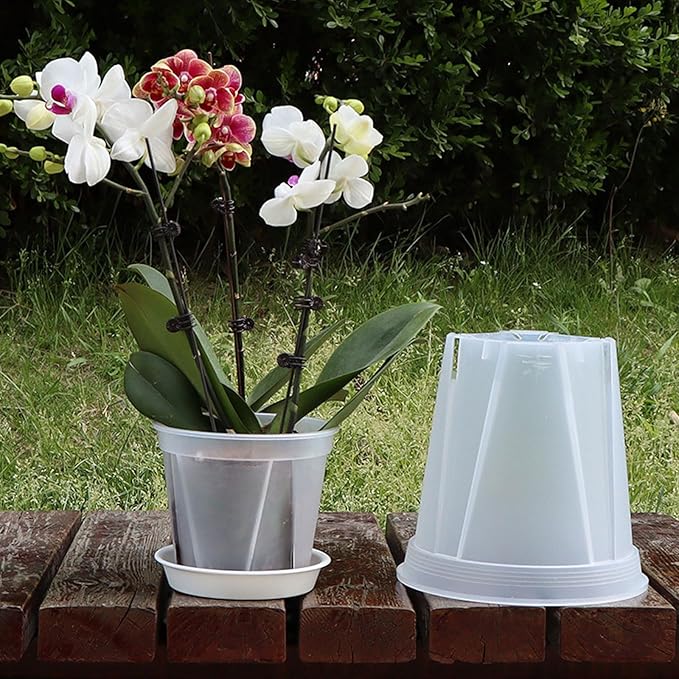 Plant Pots 7 inch Set of 3, Clear Plastic Nursery Pots with Drainage Holes and Saucers, Flowers Planter Pots for Indoor Outdoor Plants