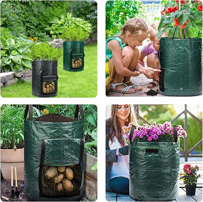 2Pack 10 Gallon Grow Bags with Window to Harvest - Potato Grow Bags with Flap and Handles - Thickened Fabric Pots - Large - Tomato Vegetables Grow Bags with Harvest Window