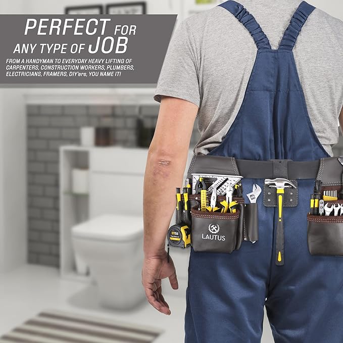 LAUTUS Oil Tanned Leather Tool Belt Rig, Carpenter, Construction, Framers, Handyman - 100% LEATHER |Adjustable Pockets| 8 Pockets | 4 Loop & Hammer Holder|
