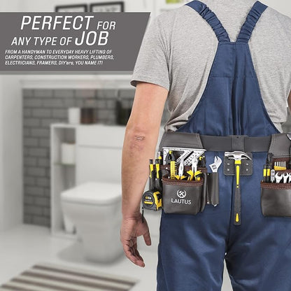 LAUTUS Oil Tanned Leather Tool Belt Rig, Carpenter, Construction, Framers, Handyman - 100% LEATHER |Adjustable Pockets| 8 Pockets | 4 Loop & Hammer Holder|