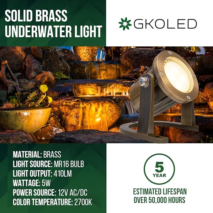 GKOLED 8Pack Solid Brass Underwater Light, Low Voltage LED Pond Lights, Submersible Fountain Lighting with 5W 2700K 410LM MR16 Bulb, 9-15V AC/DC Outdoor Landscape Light, IP68 Rated Pool Spotlights