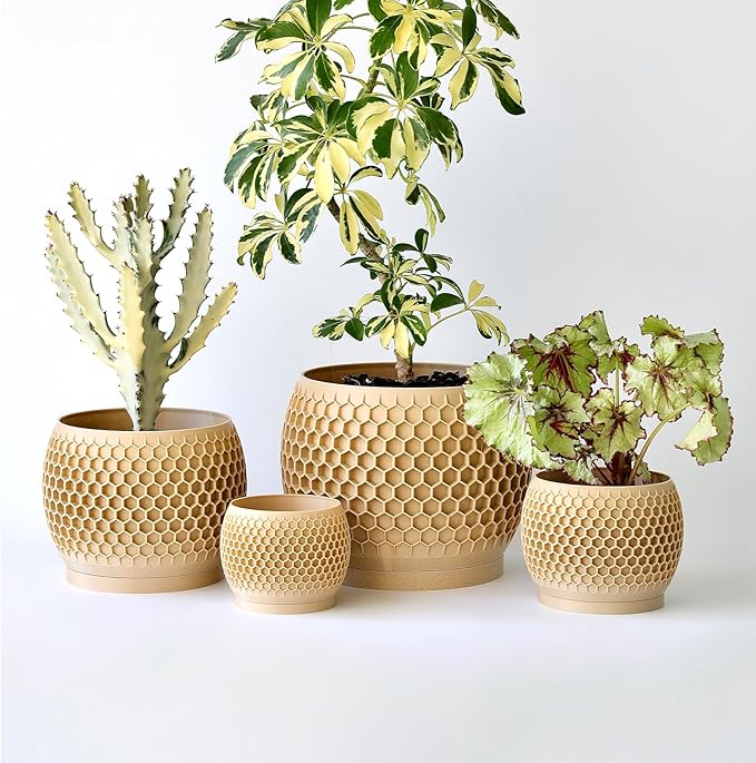 Plant Pots, Modern 3D Printed Honeycomb Planters for Indoor Plants, 4.7/6/8/10 Inch Wood Decorative Flower Pot for Office Desktop, Bookshelf & Home Decor, Lightweight & Durable.