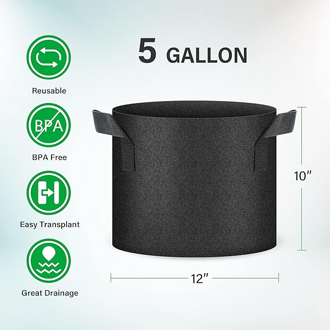 YSSOA 20-Pack 5 Gallon Grow Bags, Aeration Nonwoven Fabric Plant Pots with Handles, Heavy Duty Gardening Planter for Potato, Tomato, Vegetable and Fruits, Black