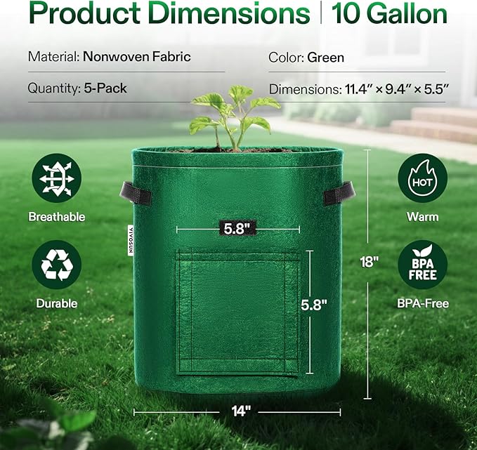 VIVOSUN 5-Pack 10 Gallon Potato Grow Bags for Growing Potatoes, Fabric Potato Pots with Handle and Roll-up Window, Potato Growing Containers Potato Planter Potato Planter for Growing Potatoes, Green