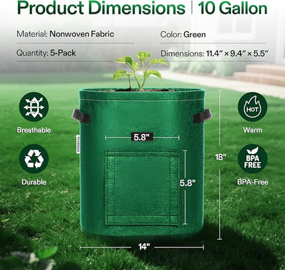 VIVOSUN 5-Pack 10 Gallon Potato Grow Bags for Growing Potatoes, Fabric Potato Pots with Handle and Roll-up Window, Potato Growing Containers Potato Planter Potato Planter for Growing Potatoes, Green