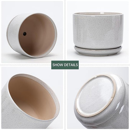 Ton Sin Plant Pots, 4.1+5.1+6.5 inch, Set of 3, Ceramic Planters with Drainage Hole and Saucer, Indoor Flower Pot with Drainage Hole, Gifts for Mom(Reactive Glaze White)