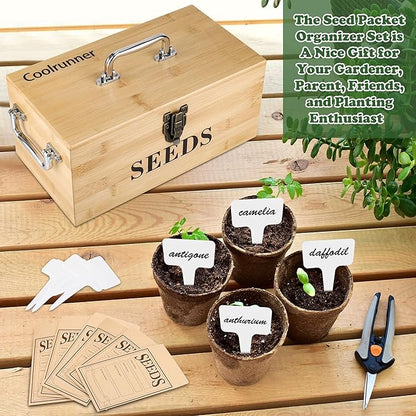 Coolrunner Wood Seed Saving Box, Seed Storage Organizer Case, Seed Packet Storage Organizer with Lock and 3 Handles, 30P Plant Labels, 30P Seeding Envelopes Bag (Natural Wood Color)