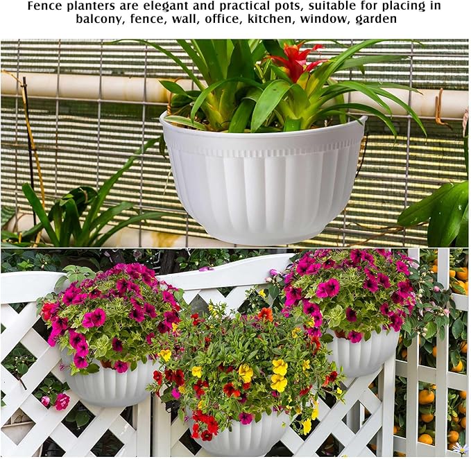 Zubebe 16 Pcs Resin Wall Hanging Planters White Hanging Flower Pots with Drainage Hole Fence Planters for Indoor Outdoor Plant Balcony Railing Decor(8.07 x 6.69 x 4.92'')