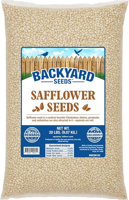 CountryMax Backyard Seeds Safflower for Birds 20lbs - Premium Cardinal Bird Seed for Outside Feeders, Medium Bag of Wild Bird Food