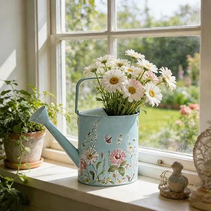 Vintage Floral Metal Watering Can for Indoor/Outdoor Plants, Blue Functional Garden Waterer with Long Spout, Garden Water Pot Rustic Decor for Home Garden Patio