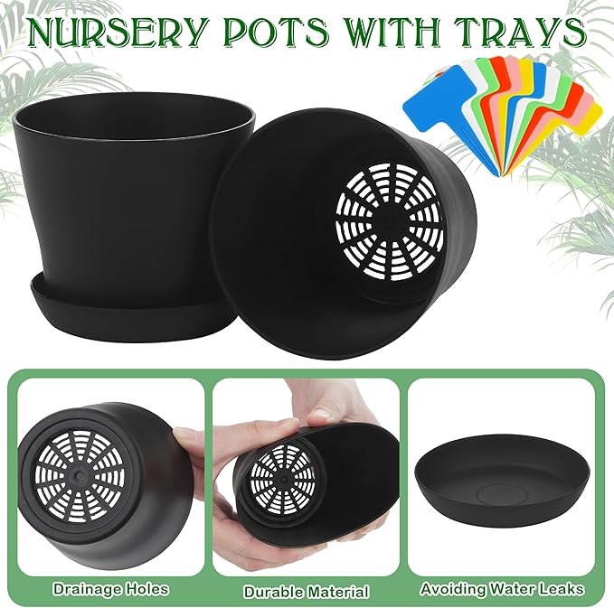 Aodaer 16 Pack 4 Inch Plastic Planters with Multiple Drainage Holes and Tray Indoor Outdoor Flower Plant Nursery Pots with Labels Flower Seedling Pots for Herb Garden Home Succulents, Black