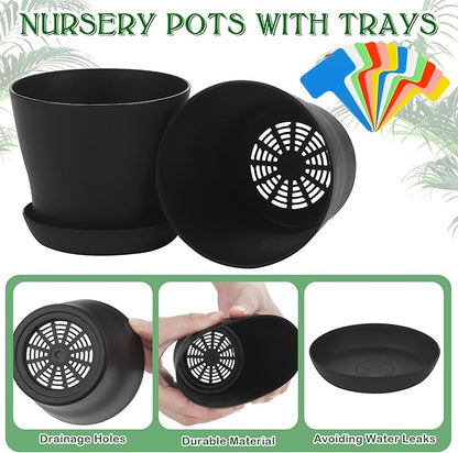 Aodaer 16 Pack 4 Inch Plastic Planters with Multiple Drainage Holes and Tray Indoor Outdoor Flower Plant Nursery Pots with Labels Flower Seedling Pots for Herb Garden Home Succulents, Black