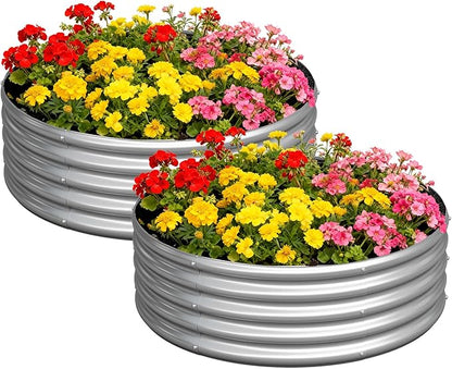 zizin 2 Pcs Round 3x3x1ft Raised Garden Bed Kit Metal Planter Box for Planting Vegetables, Silver