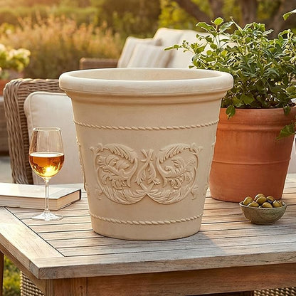 Sunnydaze 19.5-Inch Arabella Large Plastic Pot for Plants - Outdoor Double-Walled Polyresin Large Plastic Planter with Drillable Drainage Holes - Antique White - 2-Pack