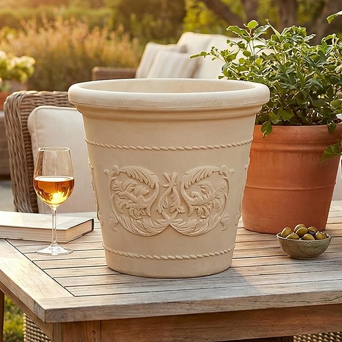 Sunnydaze 19.5-Inch Arabella Large Plastic Pot for Plants - Outdoor Double-Walled Polyresin Large Plastic Planter with Drillable Drainage Holes - Antique White - 4-Pack
