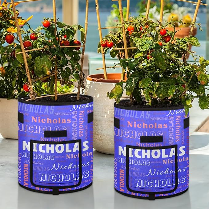 Custom Name Grow Bags 7 Gallon Personalized Breathable Potato Growing Bag with Flap Harvest Window and Handles Garden Planting Bag for Tomato Vegetable Fruits 2 Pack Neon Blue