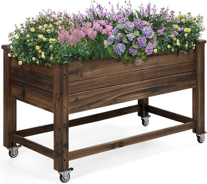 Cedar Wood Outdoor Raised Garden Bed Planter Box with Locking Wheels, 41x21x20 inch, Carbonization Color