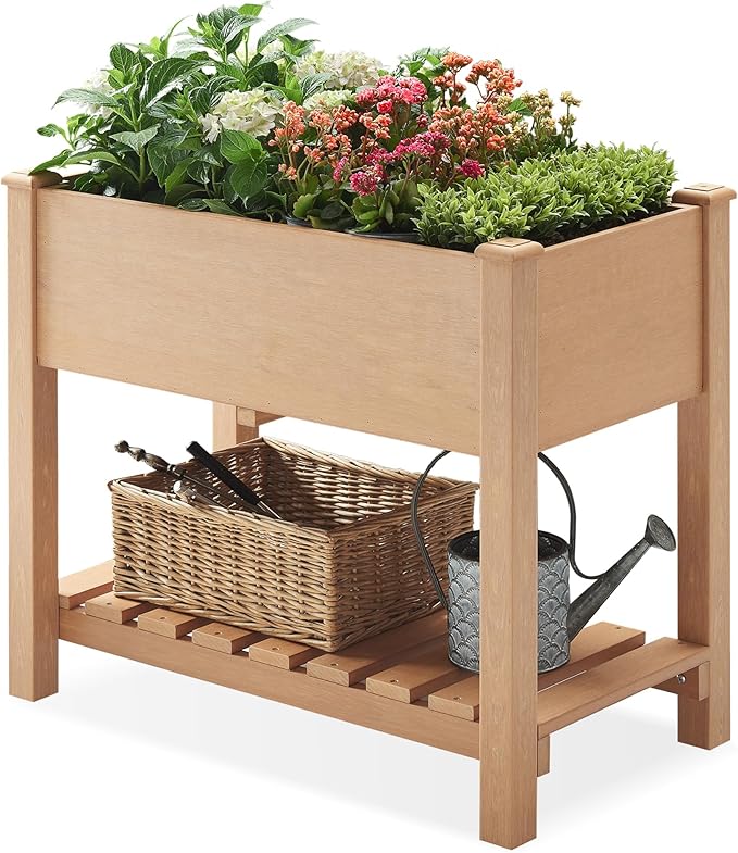 Psilvam Raised Garden Bed (4'x2') - 34 Inch Tall Poly Lumber Planter Box with Storage Shelf & Waterproof Tarp, No Assembly Required, Rot Resistant & Zero Maintenance for Vegetables, Flowers