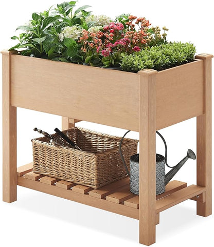 Psilvam Raised Garden Bed (4'x2') - 34 Inch Tall Poly Lumber Planter Box with Storage Shelf & Waterproof Tarp, No Assembly Required, Rot Resistant & Zero Maintenance for Vegetables, Flowers