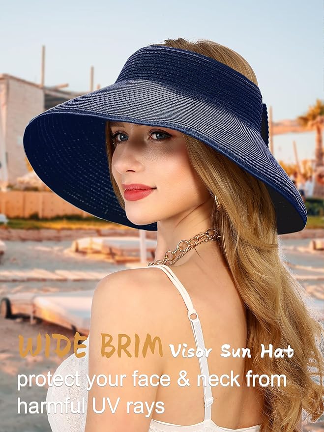Womens Beach Straw Sun Hats Ponytail Hole Wide Brim Summer Visor Foldable Hat Sun Protection Packable for Travel Pool