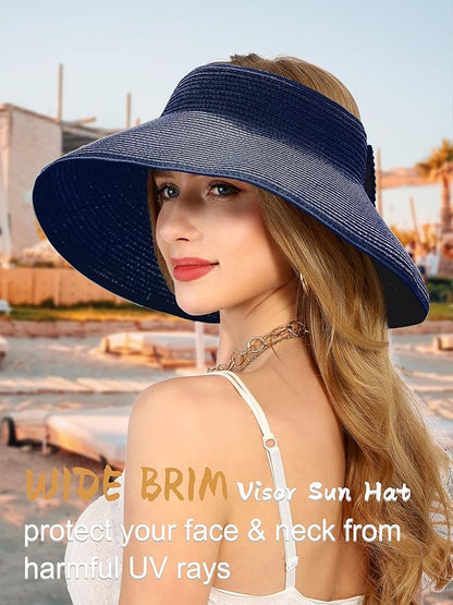 Womens Beach Straw Sun Hats Ponytail Hole Wide Brim Summer Visor Foldable Hat Sun Protection Packable for Travel Pool